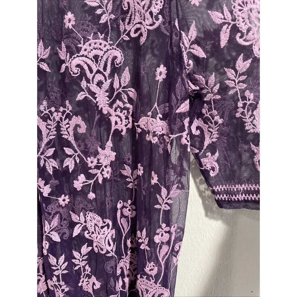 Catherines 2x 22/24 Dark Purple Embroidered Mesh 3/4 sleeve Sheer Swim Cover Top